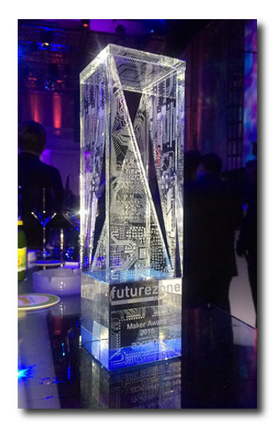 Glaspokale mit Gravur, Glastroph&auml;en, Glasawards, 3D Foto Glasgravur, Pokale:  Future Zone Award